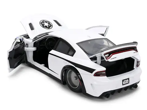 2021 DODGE CHARGER SRT HELLCAT WHITE WITH GRAPHICS AND STORMTROOPER FIGURE "STAR WARS" FRANCHISE "HOLLYWOOD RIDES" SERIES 1/24 DIECAST MODEL CAR BY JADA
