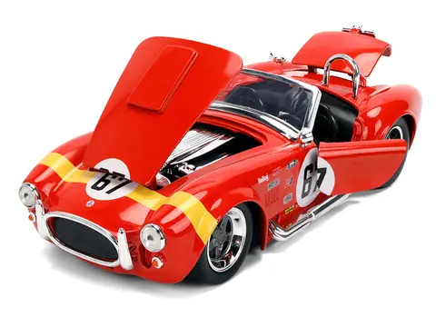 1965 SHELBY COBRA 427 S/C #67 RED WITH YELLOW STRIPE "BIGTIME MUSCLE" SERIES 1/24 DIECAST MODEL CAR BY JADA