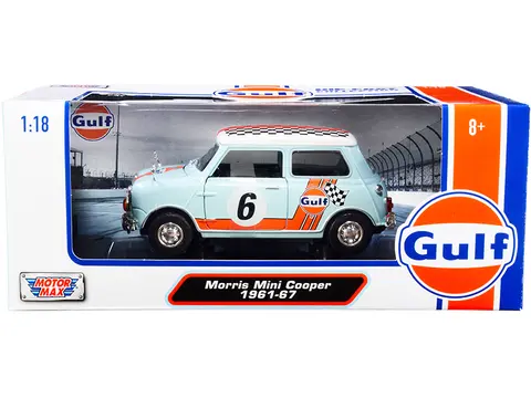 1961-1967 MORRIS MINI COOPER RHD (RIGHT HAND DRIVE) #6 "GULF OIL" LIGHT BLUE WITH ORANGE STRIPES AND CHECKERED TOP "CITY CLASSICS" SERIES 1/18 DIECAST MODEL CAR BY MOTORMAX