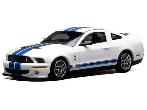 2007 FORD MUSTANG SHELBY GT500 PERFORMANCE WHITE WITH BLUE STRIPES 1/64 DIECAST MODEL CAR BY MOTORHELIX & GREENLIGHT