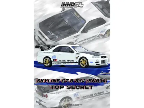 NISSAN SKYLINE GT-R (R34) "TOP SECRET" RHD (RIGHT HAND DRIVE) WHITE WITH CARBON HOOD 1/64 DIECAST MODEL CAR BY INNO MODELS
