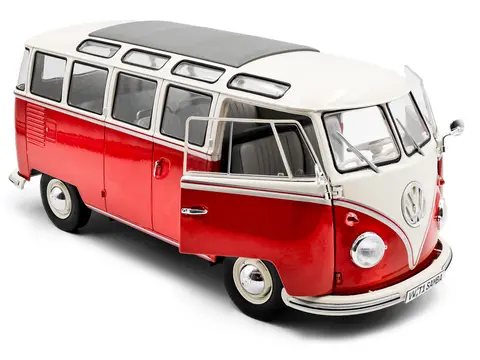 1962 VOLKSWAGEN T1 SAMBA BUS RED AND WHITE 1/18 DIECAST MODEL CAR BY SOLIDO