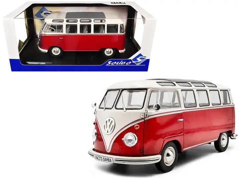 1962 VOLKSWAGEN T1 SAMBA BUS RED AND WHITE 1/18 DIECAST MODEL CAR BY SOLIDO