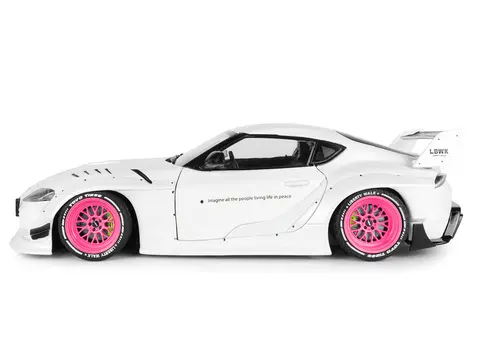 2025 TOYOTA GR SUPRA "LIBERTY WALK" BODY KIT WHITE METALLIC WITH PINK WHEELS 1/18 DIECAST MODEL CAR BY SOLIDO