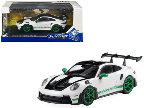 2023 PORSCHE 911 (992) GT3 RS "TRIBUTE TO CARRERA RS PACKAGE" WHITE WITH GREEN STRIPES AND BLACK HOOD AND TOP 1/43 DIECAST MODEL CAR BY SOLIDO