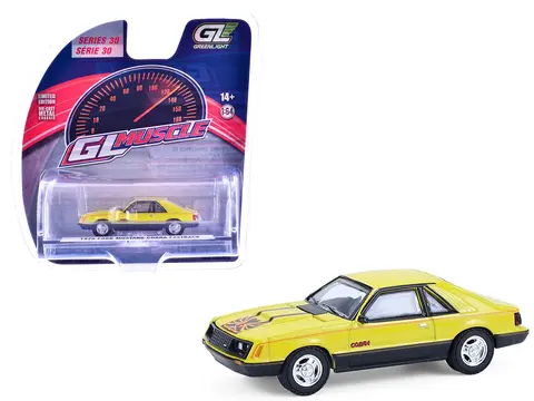 1979 FORD MUSTANG COBRA FASTBACK BRIGHT YELLOW WITH COBRA GOOD GRAPHICS "GREENLIGHT MUSCLE" SERIES 30 1/64 DIECAST MODEL CAR BY GREENLIGHT