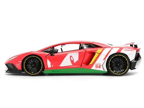 LAMBORGHINI AVENTADOR SV RED WITH GRAPHICS AND KNUCKLES DIECAST FIGURE "SONIC THE HEDGEHOG" FRANCHISE "HOLLYWOOD RIDES" SERIES 1/24 DIECAST MODEL BY JADA