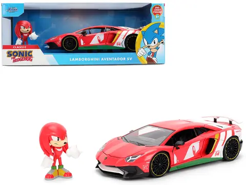LAMBORGHINI AVENTADOR SV RED WITH GRAPHICS AND KNUCKLES DIECAST FIGURE "SONIC THE HEDGEHOG" FRANCHISE "HOLLYWOOD RIDES" SERIES 1/24 DIECAST MODEL BY JADA