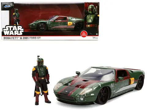 2005 FORD GT GREEN (WEATHERED) WITH GRAPHICS AND BOBA FETT FIGURE "STAR WARS" FRANCHISE "HOLLYWOOD RIDES" SERIES 1/24 DIECAST MODEL CAR BY JADA
