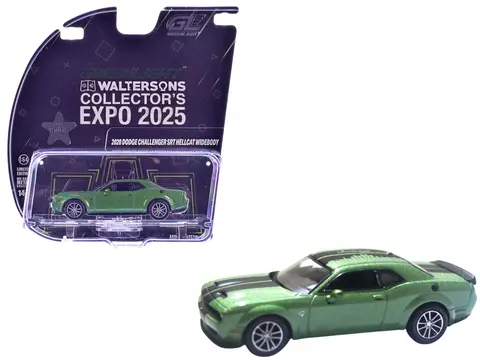 2020 DODGE CHALLENGER SRT HELLCAT WIDEBODY F8 GREEN METALLIC WITH BLACK INDIANA STRIPES "2025 GREENLIGHT WALTERSONS COLLECTOR'S EXPO EXCLUSIVE" 1/64 DIECAST MODEL CAR BY GREENLIGHT