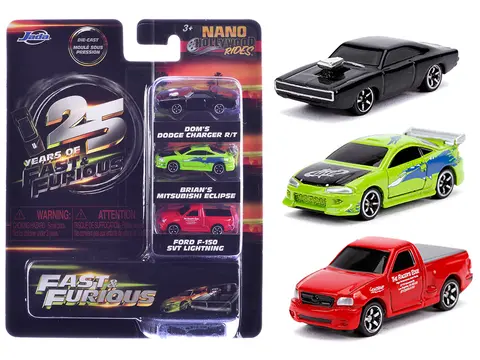 "FAST & FURIOUS 25TH ANNIVERSARY" 3 PIECE SET #1 "NANO HOLLYWOOD RIDES" DIECAST MODEL CARS BY JADA