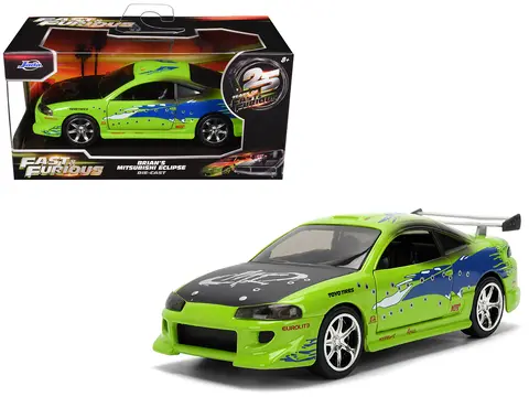 BRIAN'S MITSUBISHI ECLIPSE GREEN WITH GRAPHICS (DAMAGED VERSION) "25 YEARS OF FAST & FURIOUS" "THE FAST AND THE FURIOUS" (2001) MOVIE 1/32 DIECAST MODEL CAR BY JADA