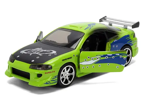 BRIAN'S MITSUBISHI ECLIPSE GREEN WITH GRAPHICS (DAMAGED VERSION) "25 YEARS OF FAST & FURIOUS" "THE FAST AND THE FURIOUS" (2001) MOVIE 1/32 DIECAST MODEL CAR BY JADA