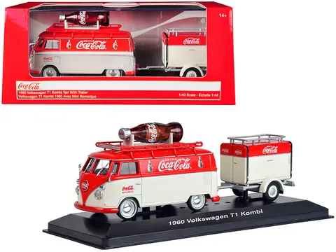 1960 VOLKSWAGEN T1 KOMBI VAN WITH TRAILER RED AND CREAM "COCA COLA" 1/43 DIECAST MODEL CAR BY MOTORCITY CLASSICS