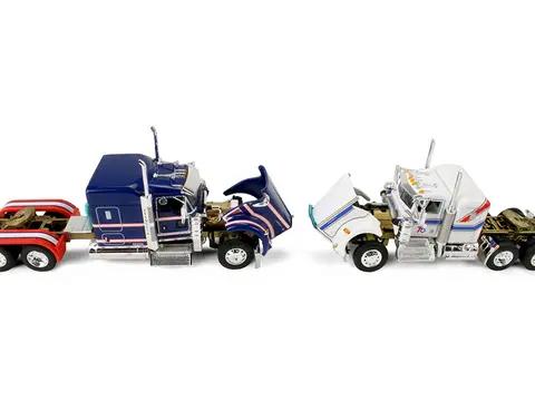 KENWORTH W900L WITH 72" AEROCAB FLAT TOP SLEEPER BLUE WITH WHITE STRIPES AND FONTAINE MAGNITUDE LOWBOY TRAILER WITH KENWORTH W900A LOAD WHITE WITH BLUE AND RED STRIPES "AMERICA 250" 1/64 DIECAST MODEL BY DCP/FIRST GEAR