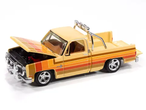 1981 CHEVROLET SILVERADO FLEETSIDE PICKUP TRUCK CREAM WITH STRIPES "HOBBY EXCLUSIVE" SERIES 1/64 DIECAST MODEL CAR BY AUTO WORLD