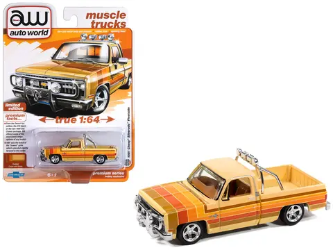 1981 CHEVROLET SILVERADO FLEETSIDE PICKUP TRUCK CREAM WITH STRIPES "HOBBY EXCLUSIVE" SERIES 1/64 DIECAST MODEL CAR BY AUTO WORLD