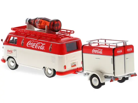1960 VOLKSWAGEN T1 KOMBI VAN WITH TRAILER RED AND CREAM "COCA COLA" 1/43 DIECAST MODEL CAR BY MOTORCITY CLASSICS
