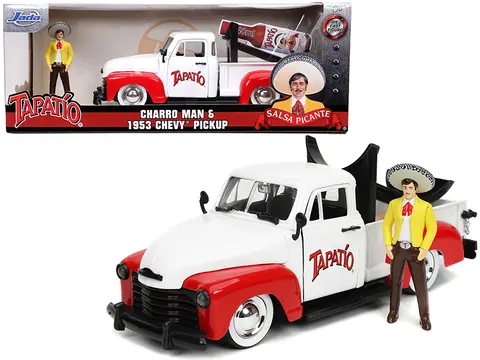 1953 CHEVROLET PICKUP TRUCK WHITE AND RED WITH CHARRO MAN DIECAST FIGURINE "TAPATIO" 1/24 DIECAST MODEL CAR BY JADA