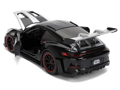 PORSCHE 911 GT3 RS (992) BLACK WITH SILVER HOOD AND GRAPHICS AND DARTH VADER FIGURE "STAR WARS" FRANCHISE "HOLLYWOOD RIDES" SERIES 1/24 DIECAST MODEL CAR BY JADA