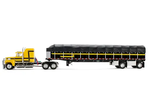 FORD LTL 9000 WITH 60" AERODYNE SLEEPER AND 53' WILSON ROADBRUTE FLATBED TRAILER WITH COVERED WAGON YELLOW WITH BLACK STRIPES 1/64 DIECAST MODEL BY DCP/FIRST GEAR