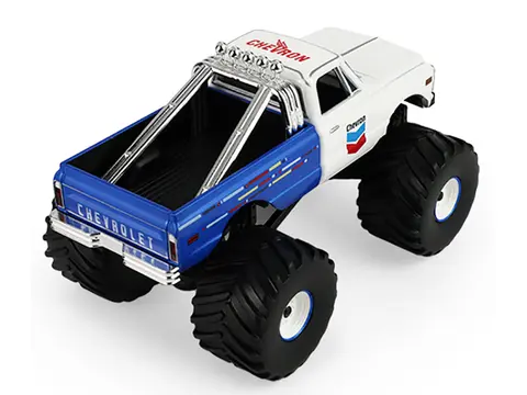 1972 CHEVROLET K-10 MONSTER TRUCK "CHEVRON 150TH ANNIVERSARY" WHITE AND BLUE METALLIC "KINGS OF CRUNCH" SERIES 1/43 DIECAST MODEL CAR BY GREENLIGHT