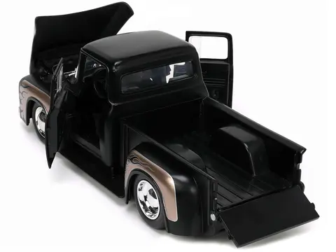 1956 FORD F-100 PICKUP TRUCK MATT BLACK AND CHAMPAGNE WITH FLAMES WITH EXTRA WHEELS "JUST TRUCKS" SERIES 1/24 DIECAST MODEL CAR BY JADA