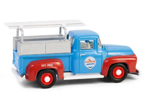1956 FORD F-100 PICKUP TRUCK WITH TOOL BOXES AND LADDERS "CHEVRON" BLUE AND RED "CHEVRON SPECIAL EDITION" SERIES 1 1/64 DIECAST MODEL CAR BY GREENLIGHT