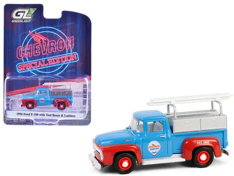 1956 FORD F-100 PICKUP TRUCK WITH TOOL BOXES AND LADDERS "CHEVRON" BLUE AND RED "CHEVRON SPECIAL EDITION" SERIES 1 1/64 DIECAST MODEL CAR BY GREENLIGHT