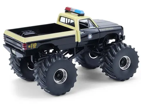 1983 DODGE RAM W350 MONSTER TRUCK "FLORIDA HIGHWAY PATROL" BLACK WITH CREAM TOP AND STRIPES "KINGS OF CRUNCH - HOT PURSUIT" SPECIAL EDITION 1/64 DIECAST MODEL CAR BY GREENLIGHT