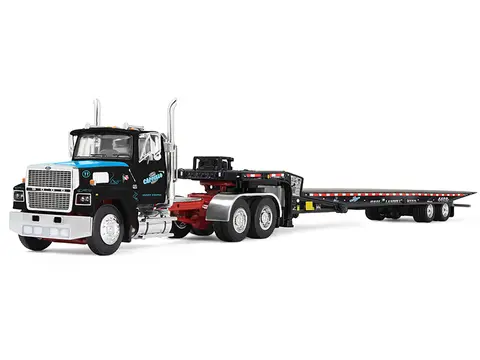 FORD LTL 9000 DAY CAB AND LANDOLL 440B-50CA TRAVELING AXLE TRAILER "CAPPELLO HEAVY TRANSPORT" BLACK WITH BLUE HOOD "LEGACY" SERIES #3 1/64 DIECAST MODEL BY DCP/FIRST GEAR