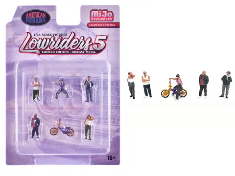 "LOWRIDERS #5" 6 PIECE (5 PEOPLE 1 BICYCLE) DIECAST FIGURES SET 1/64 SCALE MODELS BY AMERICAN DIORAMA