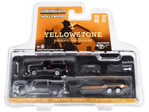 2018 FORD F-150 PICKUP TRUCK GRAY WITH 1992 FORD BRONCO "MONTANA LIVESTOCK ASSOCIATION" BLACK AND FLATBED CAR TRAILER "YELLOWSTONE" (2018-CURRENT) TV SERIES "HOLLYWOOD HITCH & TOW" SERIES 11 1/64 DIECAST MODEL CARS BY GREENLIGHT