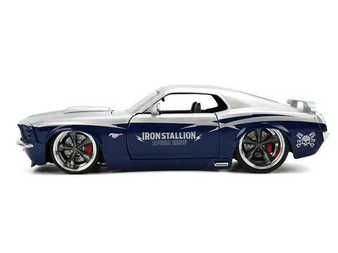 1970 FORD MUSTANG BOSS 429 "IRON STALLION SPEED SHOP" SILVER AND DARK BLUE METALLIC "BIGTIME MUSCLE" SERIES 1/24 DIECAST MODEL CAR BY JADA