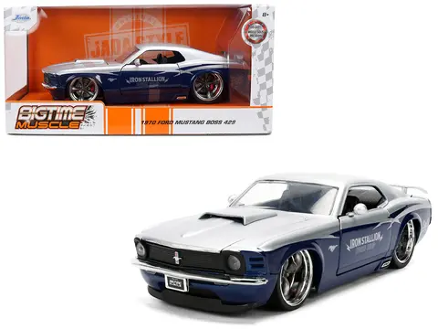 1970 FORD MUSTANG BOSS 429 "IRON STALLION SPEED SHOP" SILVER AND DARK BLUE METALLIC "BIGTIME MUSCLE" SERIES 1/24 DIECAST MODEL CAR BY JADA