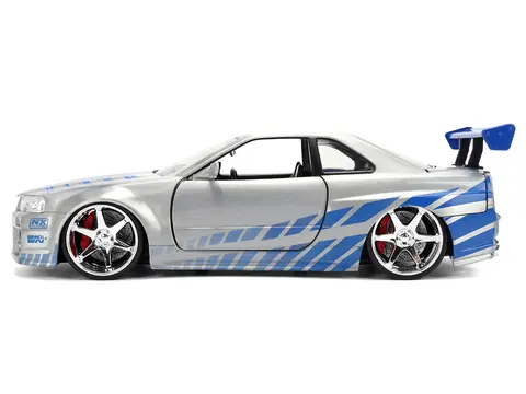 BRIAN'S NISSAN SKYLINE GT-R (R34) RHD (RIGHT HAND DRIVE) BRUSH FINISH  "2 FAST 2 FURIOUS" (2003) MOVIE 25 YEARS OF FAST & FURIOUS ANNIVERSARY 1/24 BY JADA