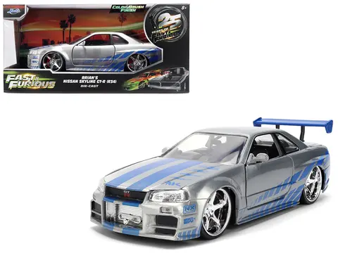 BRIAN'S NISSAN SKYLINE GT-R (R34) RHD (RIGHT HAND DRIVE) BRUSH FINISH  "2 FAST 2 FURIOUS" (2003) MOVIE 25 YEARS OF FAST & FURIOUS ANNIVERSARY 1/24 BY JADA
