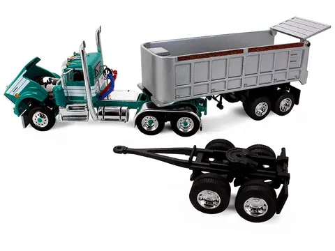 KENWORTH W900A DAY CAB WITH 22' DUAL END DUMP TRAILERS TURQUOISE WITH WHITE STRIPES 1/64 DIECAST MODEL BY DCP/FIRST GEAR