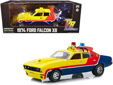 1974 FORD FALCON XB 4-DOOR SEDAN RHD (RIGHT HAND DRIVE) YELLOW AND BLUE WITH RED STRIPES "MFP 508" "FIRST OF THE V8 INTERCEPTORS" (1979) MOVIE 1/18 DIECAST MODEL CAR BY GREENLIGHT