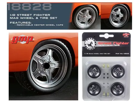 STREET FIGHTER MAG WHEEL AND TIRE SET OF 4 PIECES FROM "1970 PLYMOUTH ROADRUNNER "THE HAMMER" "FAST & FURIOUS" MOVIE 1/18 BY GMP