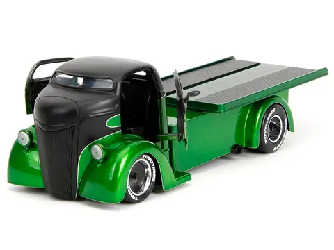 1947 FORD COE FLATBED TRUCK GREEN METALLIC AND MATT BLACK "TOYO TIRES" WITH EXTRA WHEELS "JUST TRUCKS" SERIES 1/24 DIECAST MODEL CAR BY JADA