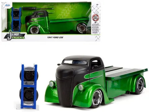 1947 FORD COE FLATBED TRUCK GREEN METALLIC AND MATT BLACK "TOYO TIRES" WITH EXTRA WHEELS "JUST TRUCKS" SERIES 1/24 DIECAST MODEL CAR BY JADA