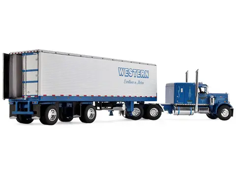 PETERBILT 351 WITH 63" FLAT TOP SLEEPER AND 40' VINTAGE TRAILER WITH REEFER "WESTERN DISTRIBUTING" BLUE METALLIC AND WHITE 1/64 DIECAST MODEL BY DCP/FIRST GEAR
