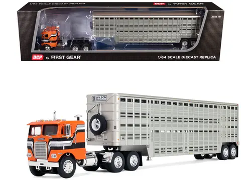 FREIGHTLINER COE AND 45' WILSON VINTAGE LIVESTOCK TRAILER ORANGE WITH STRIPES 1/64 DIECAST MODEL BY DCP/FIRST GEAR