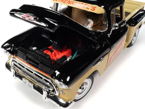 1957 CHEVROLET 3100 STEPSIDE PICKUP TRUCK BLACK AND TAN WITH GRAPHICS "LEINENKUGLE'S BEER THE PRIDE OF CHIPPEWA FALLS" 1/18 DIECAST MODEL BY AUTO WORLD