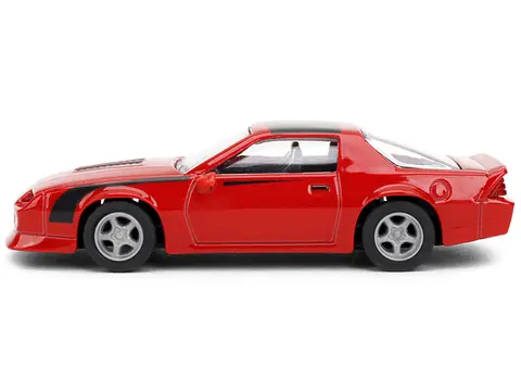 1985 CHEVROLET CAMARO RED WITH BLACK TOP AND STRIPES "COLLECTION" SERIES 1/64 DIECAST MODEL CAR BY MAJORETTE