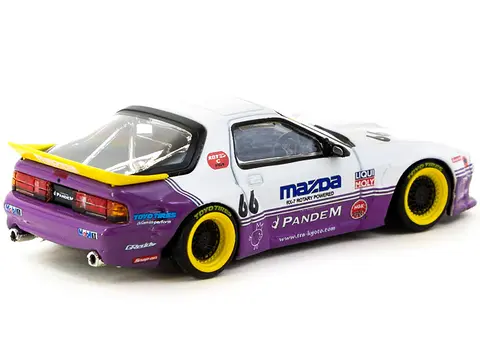 MAZDA RX-7 FC3S PANDEM RHD (RIGHT HAND DRIVE) #66 WHITE AND PURPLE WITH GRAPHICS "HOBBY64" SERIES 1/64 DIECAST MODEL CAR BY TARMAC WORKS