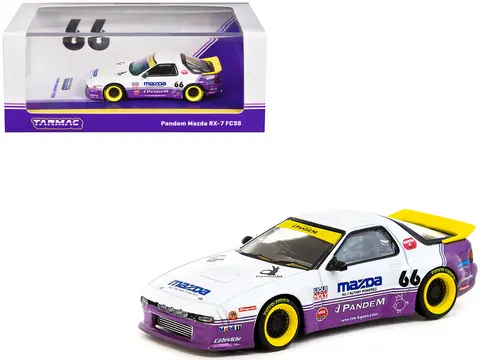 MAZDA RX-7 FC3S PANDEM RHD (RIGHT HAND DRIVE) #66 WHITE AND PURPLE WITH GRAPHICS "HOBBY64" SERIES 1/64 DIECAST MODEL CAR BY TARMAC WORKS