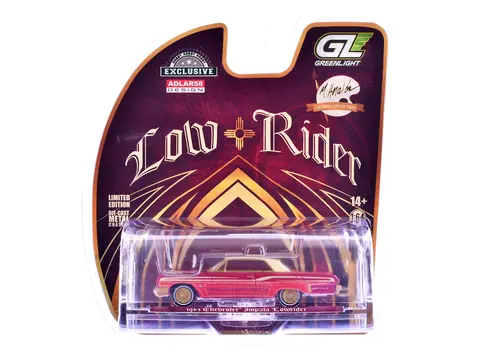 1963 CHEVROLET IMPALA LOWRIDER "MICHAEL HERALDA SPECIAL EDITION" RED METALLIC WITH CREAM TOP AND INTERIOR WITH GOLD GRAPHICS "HOBBY EXCLUSIVE" SERIES 1/64 DIECAST MODEL CAR BY GREENLIGHT