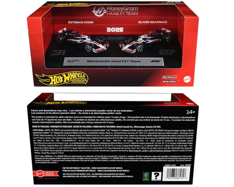 "MONEYGRAM HAAS F1 TEAM" FORMULA ONE F1 WORLD CHAMPIONSHIP (2025) 2 PIECE SET DIECAST MODEL CARS BY HOT WHEELS